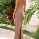 BTFBM Women Bodycon Maxi Dress Square Neck Sleeveless Contrast Binding Slit Cocktail Formal Wedding Guest Dresses 2025 (Beige, L)