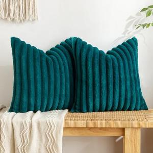 MIULEE Faux Fur Plush Decorative Throw Pillow Covers Set of 2 Luxury Soft Fluffy Striped Pillowcases Cushion for Sofa Couch Bed Living Room Teal Blue 18x18 Inch