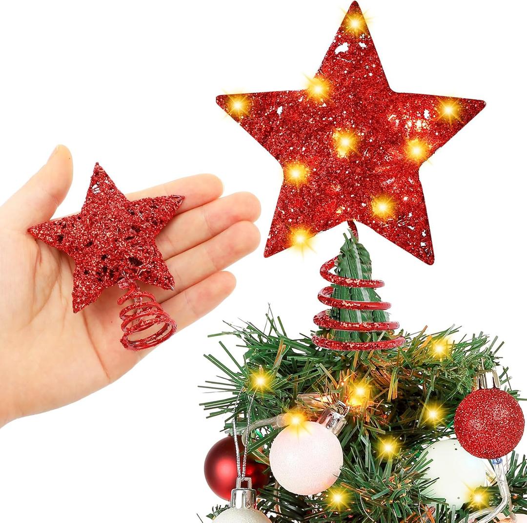Gejoy Mini Christmas Five Pointed Star Tree Topper with Lights Glitter Red Xmas Star Small Christmas Tree Topper Holiday Ornament Party Office Decorations