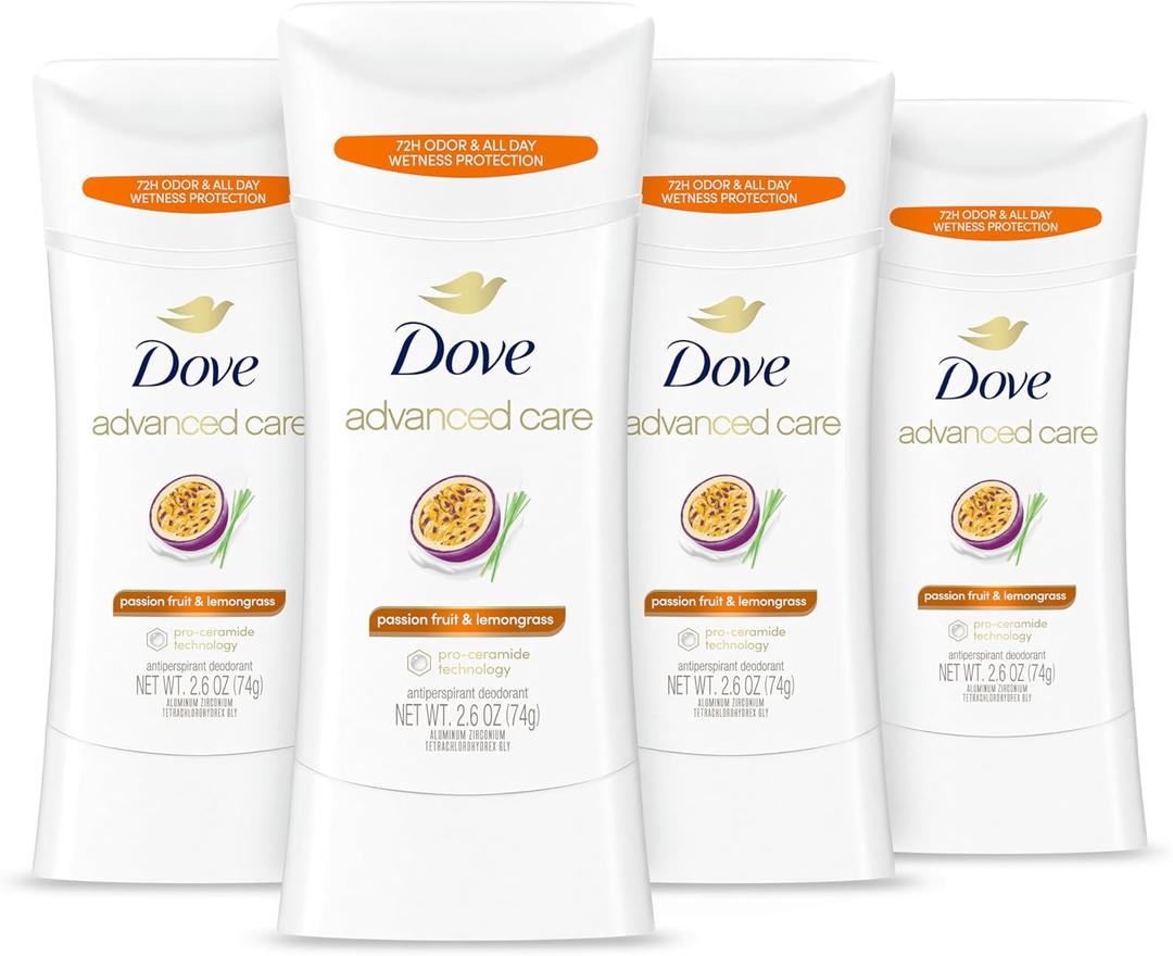 Dove Advanced Care Antiperspirant Deodorant Stick Passion Fruit & Lemongrass scent 4 Count Antiperspirant deodorant with Pro Ceramide Technology 72-hour odor control and all-day sweat protection 2.6oz