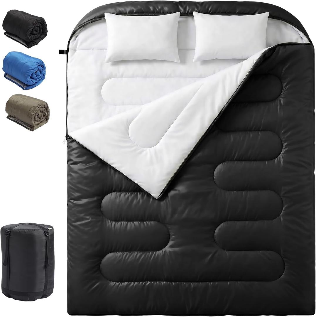 OLIXIS Double Sleeping Bag for Adults with Pillow, Lightweight Portable Queen 2 Person Sleeping Bag, Cold Weather Warm Zipper Sleep Bags for 3 Seasons Backpacking Camping Hiking Outdoor Adventure