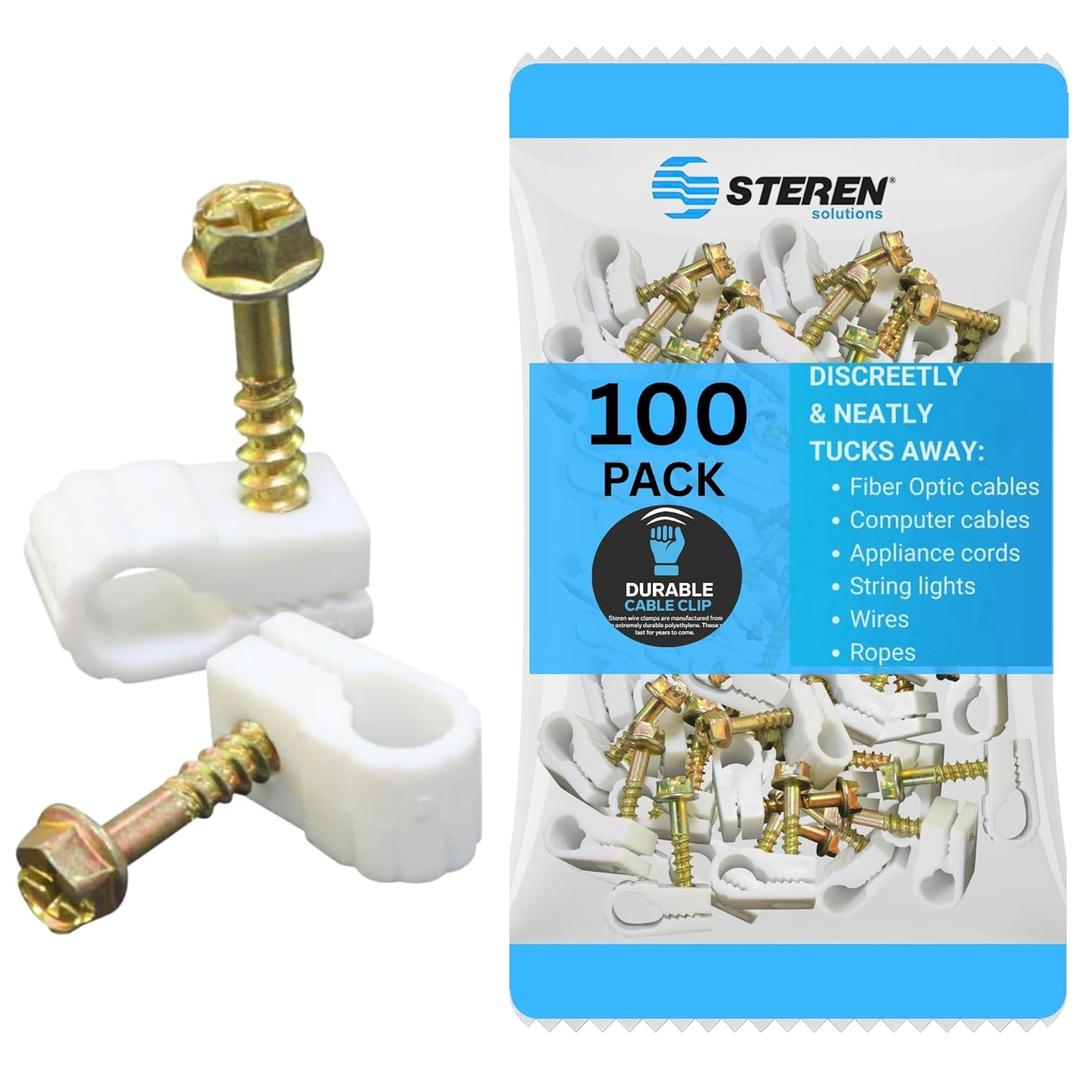 STEREN Coaxial Cable Clips - Cable Holder - Wire Clips - Siding Clips for Hanging - Cord Holder for Desk - Cable Clamps (White, 100 Count - Mini Screw)