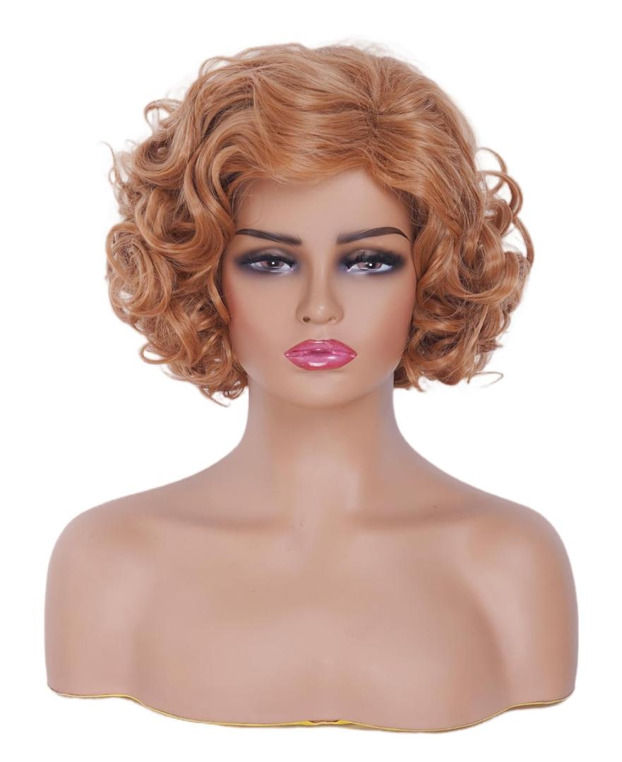 Short Strawberry Blonde mix Brown Wavy Wigs for Women Curly Natural Synthetic Wig Middle Part Full Wig for Role Play,Halloween,Daily Use
