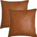 Tosewever Faux Leather Throw Pillow Covers, 18 x 18 inch Set of 2 Luxury Cognac Brown Modern Pillowcases Solid Decorative Square Cushion Cases for Bedroom Living Room Couch Bed Sofa (Brown, 18" x 18")