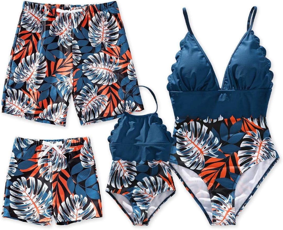 PATPAT Mommy and Me Matching SwimsuitOne Piece V Neck Bathing Suits Leaves Printed Family Swimwear Matching Set, Medium