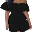 Xiaojmake Women's Off Shoulder Jumpsuits Wrap Tie Up Back Ruffled Layer Short Sleeve Romper Overalls Tiered Short Jumpsuits Black S