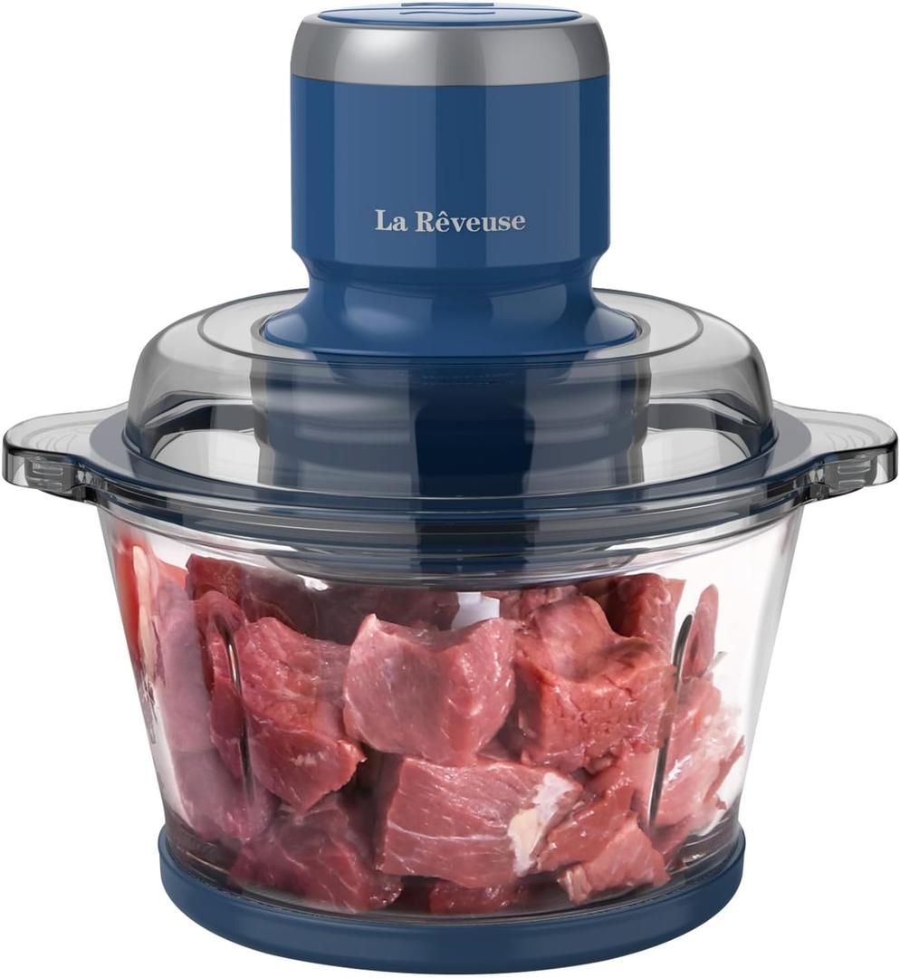 La Reveuse Food Processor,Electric Food Chopper with 7-Cup (1.7L) Glass Bowl, 4 Bi-Level Blades for Chopping,Grinding,Mincing,Whisking,Meal Prep,300W, Blue