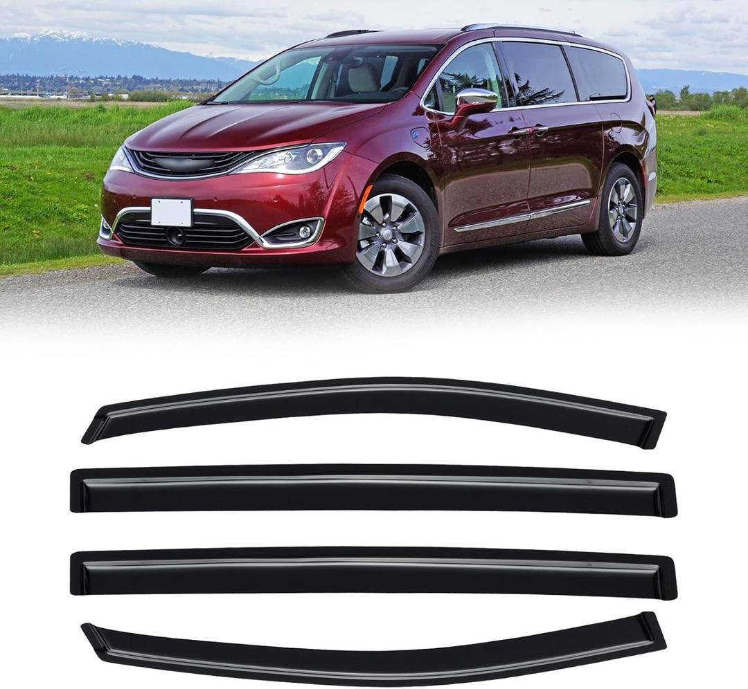 Rain Guards for 2017-2026 Chrysler Pacifica, Out-Channel Window Visor Shields Vent Deflector Shade Wind Dark Smoke 2018 2019 2020 2021 2022 2023 2024 18 19 20 21 22 23 24, Tape-On Outside-Mount, 4PCS