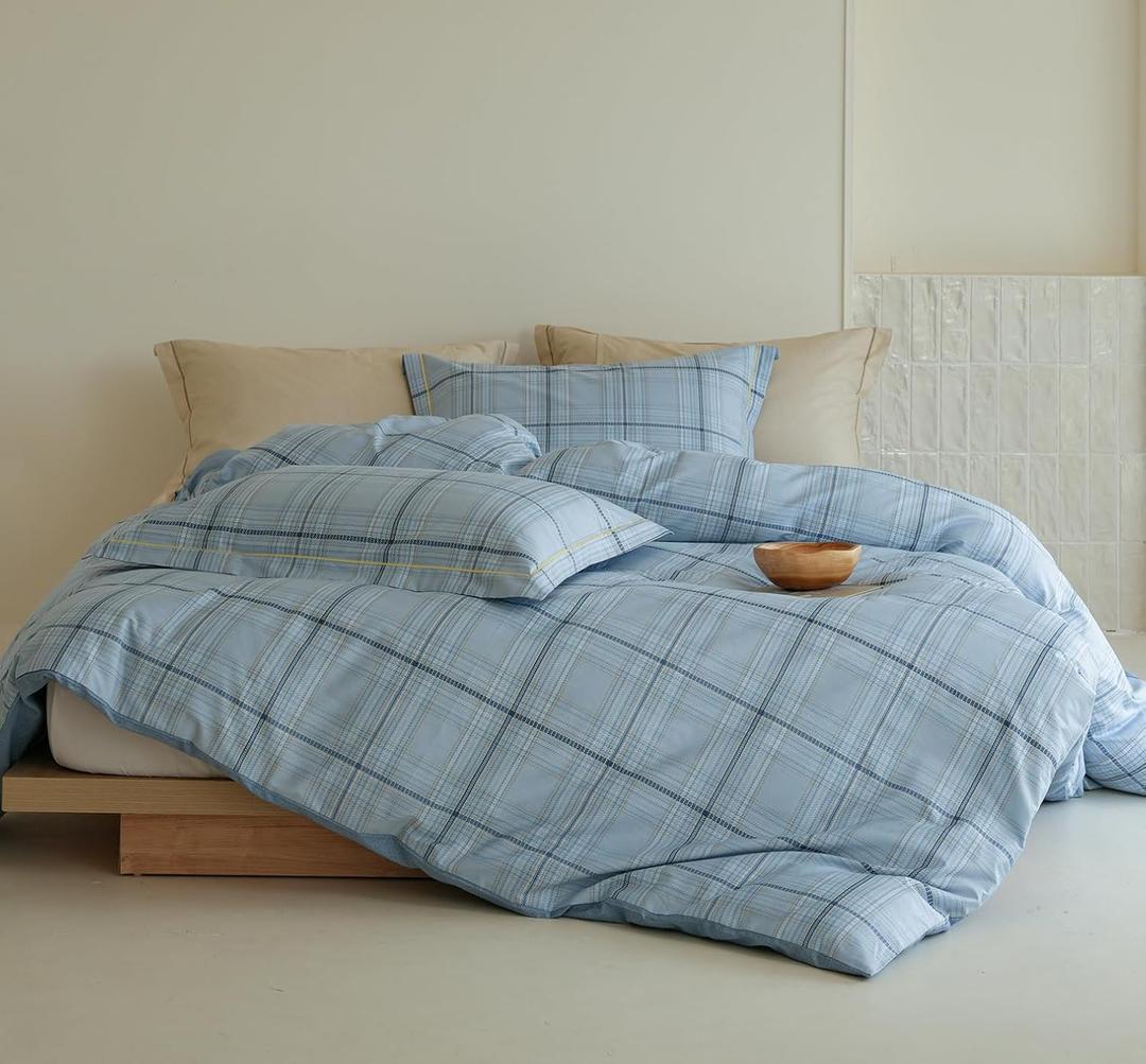 Blue Plaid Comforter Set 3 Pieces - 100% Cotton Grid Gingham Pattern Reversible Comforter Queen Size, Soft and Hypoallergenic Bedding Set