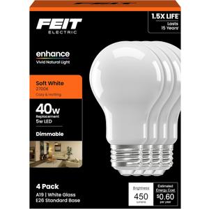Feit Electric A19 LED Light Bulb, 40W Equivalent, Dimmable, 450 Lumens, E26 Base, 2700K Soft White, 90 CRI, 8.8W Standard Glass Filament Lighting Bulbs, 17,000-Hour Lifetime, A1940/927CA/FIL/4, 4 Pack