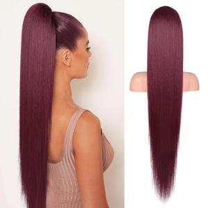 Flufymooz ponytail extension, 36 Inch Long Straight Drawstring Ponytail Synthetic Hairpieces Fake Pony Tails Natural Soft Clip in Hair Extension ponytail for Women (Burgundy)