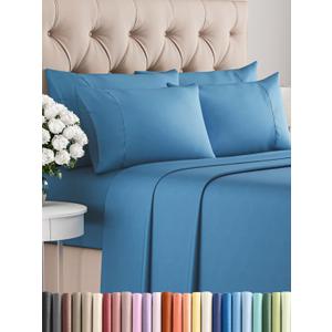 CGK Linens Queen 6 Piece Sheet Set - Cooling Sheets for Hot Sleepers - Hotel Luxury Bedding Set w/ 8-16 Inch Deep Pockets - 1 Flat & 1 Fitted & 4 Pillowcases - Soft, Comfy & Wrinkle Free - Denim Blue