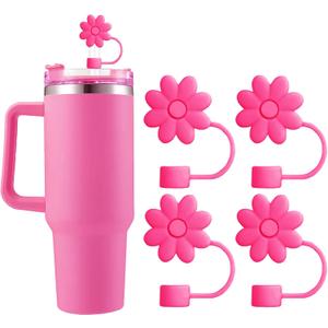2 x Flower Straw Covers Toppers for Stanley Cups 30&40 Oz Tumbler with Handle Accessories 4PCS Silicone Straw Caps Reusable Straws Tips Protectors for Stanley Cup 10mm 0.4in Straws,Rose Red