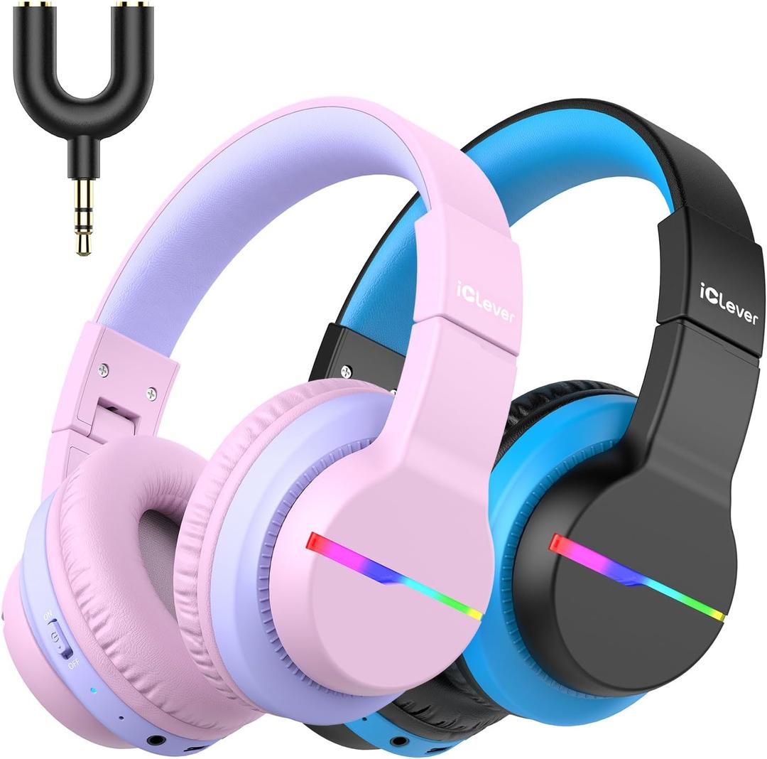 iClever BTH12 Kids Bluetooth Headphones 2 Pack, Colorful LED Lights,74/85dBA Safe Volume,85H Playtime, Bluetooth 5.2,Over Ear Kids Headphones Built-in Mic for iPad/Tablet/Airplane, Pink & Black