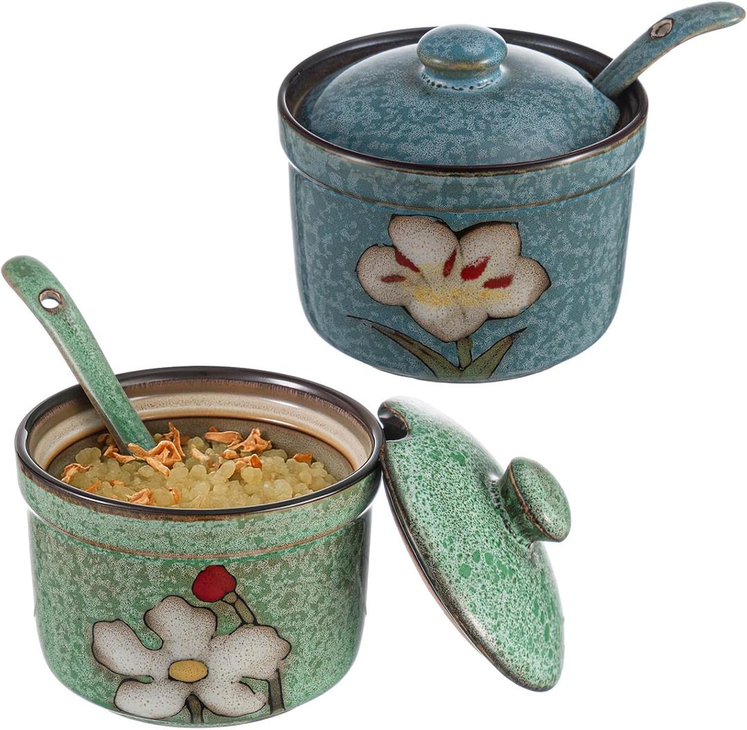 2 Pack Retro Hand Painted Flower Ceramic Salt Pepper Cellar with Lid and Spoon, Heavyweight Round Sugar Spice Containers Porcelain Jar for Housewarming Gift, Artisan Kitchen Decoration