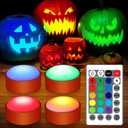 4 Pieces Halloween LED Pumpkin Lights with Remote 16 Multi Colors Timer Colored Puck Light Battery Operated Flameless LED Jack O Lantern Lights for Home Outdoor Decorations (Orange)