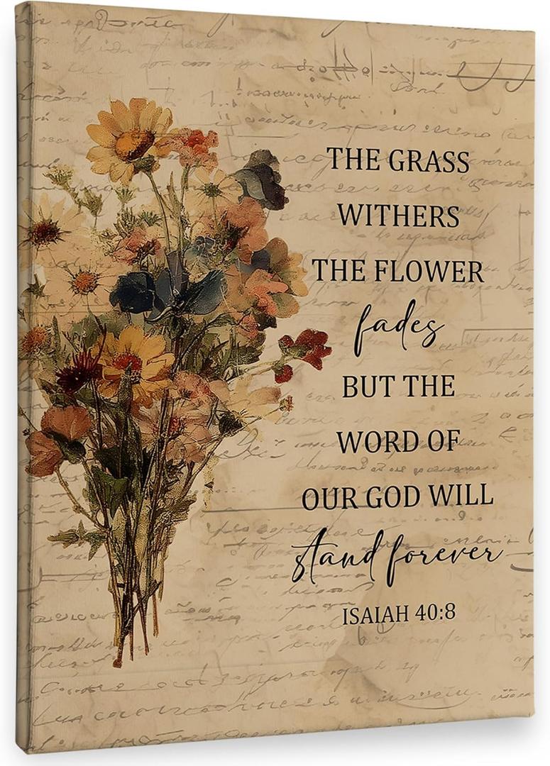 PHAMTE Christian Vintage Floral Wall Art Decor Canvas 11x14, Bible Verse Scripture Pictures Decorations, Religious Retro Flower Bouquet Framed Prints Artwork for Bedroom Living Room Church Decor