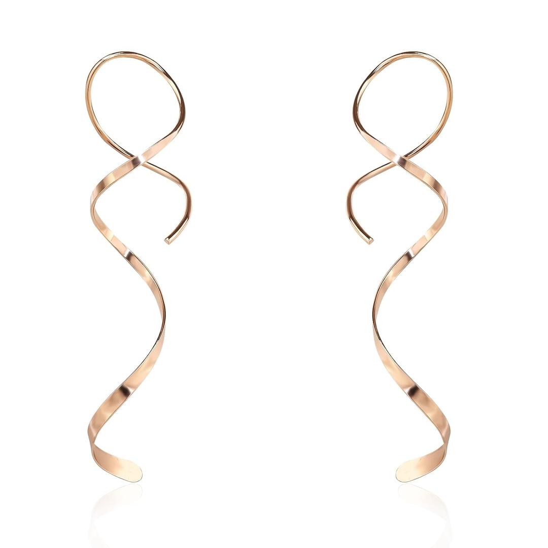 Handmade 925 Sterling Silver Spiral Threader Earrings Hypoallergenic Twisted Curved Drop Dangle Earrings Pull Through Earrings for Women Trendy Fashion-Long Rose Gold