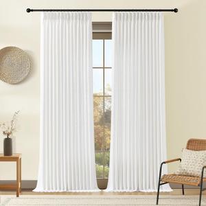 White 90 Inch Curtains Pinch Pleated Linen Curtain for Living Room, Light Filtering Pleat Drapes Textured Luxury Semi-Sheer Curtain with Hooks for Sliding Glass Door Dining Room Bedroom, 2 Panels