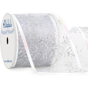 Ribbli Snowflake Glitter Wired Ribbon,White Organza Sheer with Silver Glitter Big Snowflake Pattern and Iridescent Edge,2-1/2 Inch x 10Yards Christmas Ribbon for Tree Decoration