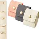 3 PCS Mini Travel Jewelry Bag, 4 Grids Jewelry Pouch for Traveling Foldable PU with Metal Buckle Portable Jewelrys Roll for Storing Rings, Earrings, Brooches -Beige, Pink, Gray