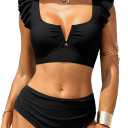 ZAFUL Womens High Waisted Bikini Sets Ruffle Tummy Control Swimsuits Full Coverage Cheeky Two Piece Push Up Bathing Suit (Black, XL)