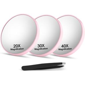 20X&30X&40X Magnifying Mirror Suction Cup, 3.5 in Small Magnified Mirror with Tweezers, Pink, Set of 3
