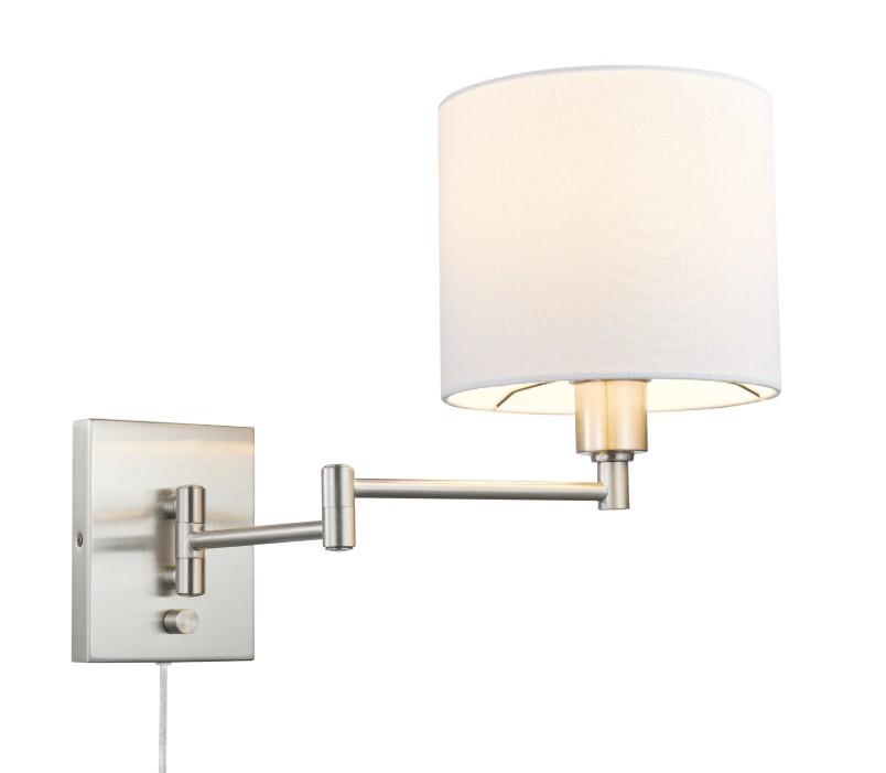 Globe Electric Anderson 1-Light Brushed Steel Plug-In Swing-Arm Wall Sconce with White Fabric Shade and 6-Foot Cord, Bulb Included, 51627