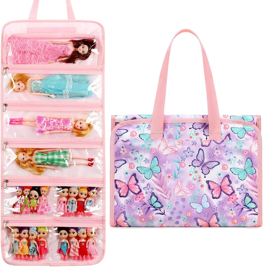 Toy Dolls Storage Bag Tote Carrying Case Compatible with LOL Surprise Toys Dolls Omg, Hanging Organizer Storage Bag with 8 Clear Window Pockets, Bag Only (03-Butterfly Purple)
