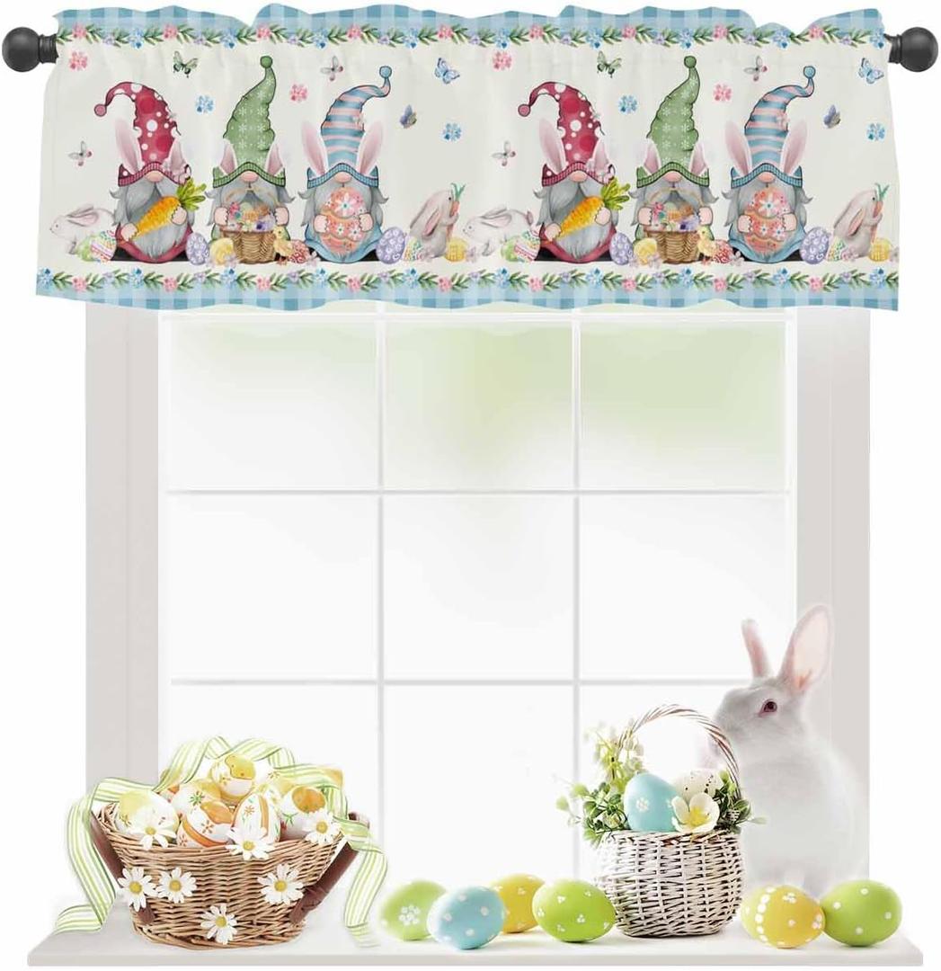 Easter Gnomes Curtain Valances for Windows, Spring Floral Window Valances, Easter Eggs Bunny Window Treatment Rod Pocket Valance Curtains for Living Room/Kitchen/Bedroom/Bathroom, 54x18in, Plaid Blue