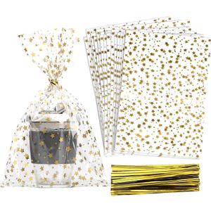 100 Pcs Star Printed 8"X 12" Gift Wrap Cello Cellophane Treat Bags Party Favor bags Clear Candy Cookie Bags Plastic Poly Goodie Storage Bags with Twist Ties for Bakery,Birthday, Wedding ,Party Decorations (Gold)