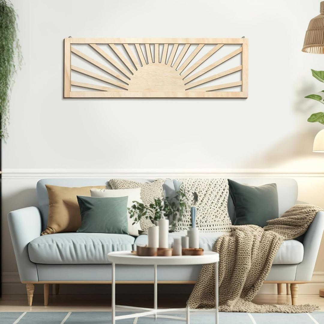 Burbell Horizontal Sun Wall Art, Boho Wooden Room Decor, 35"x12" Wood Color, 35.4"L x 11.4"W
