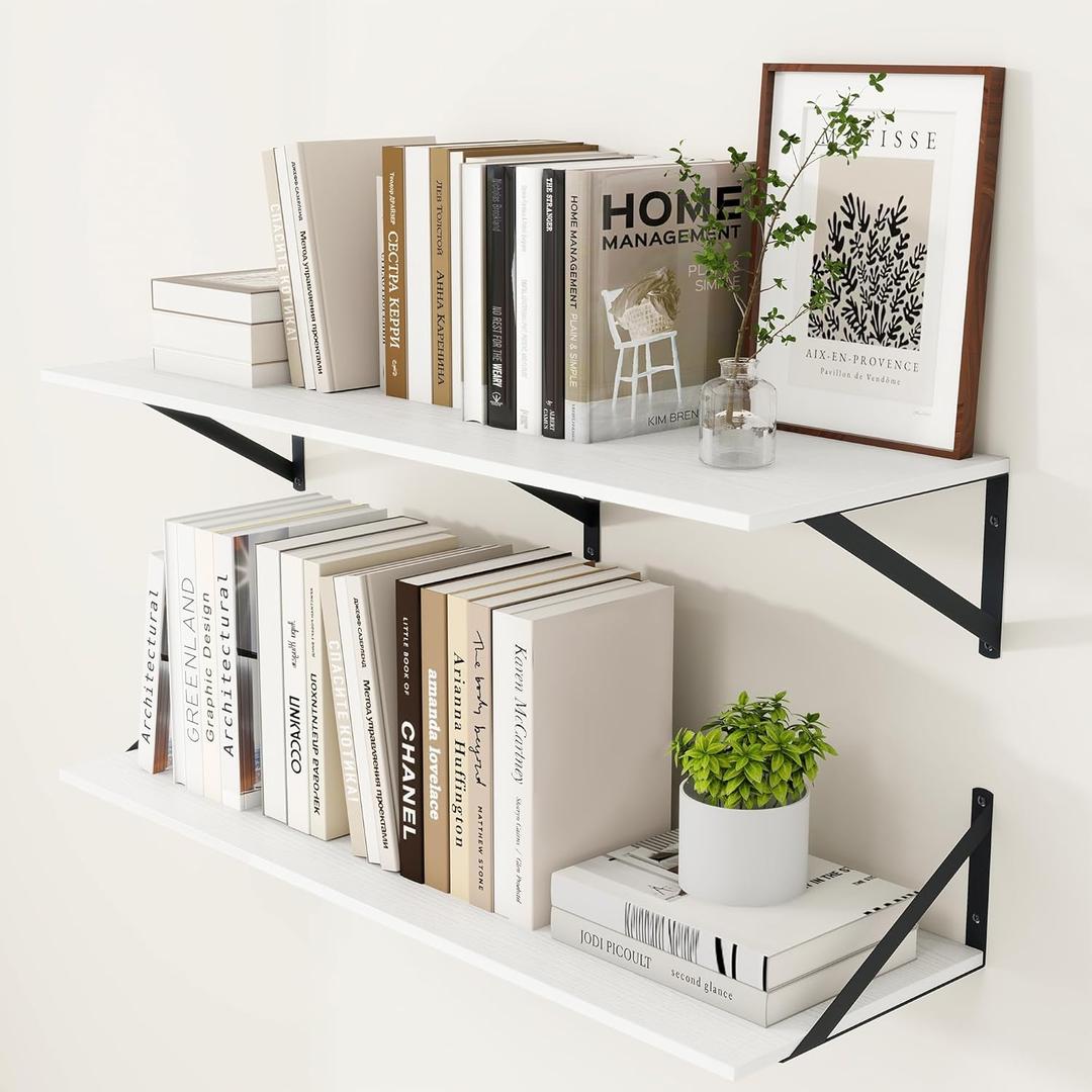 Heimlove White Deep Floating Shelves for Wall, 36W x 12D Wood Wall Shelves Set of 2, Wide Floating Bookshelf for Living Room, Kitchen, Office, Bedroom and Decor Storage, with Black Bracket - White