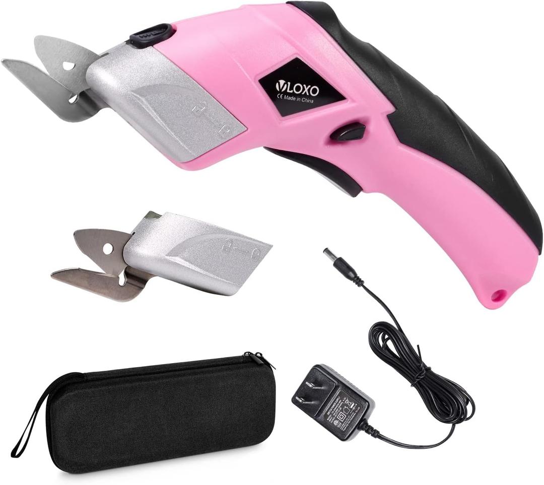 VLOXO Cordless Electric Scissors with 2 Blades Rechargeable Powerful Shears Cutting Tool for Fabric Cardboard Carpet Leather Felt with Charger & Storage Box-Pink