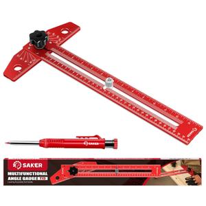 Saker Woodworking Scriber Marking Line Ruler, Adjustable Aluminum Alloy Sliding T-Square Ruler,Precision Line Drawing aid Ruler with Angle Adjustment Scale (Red)