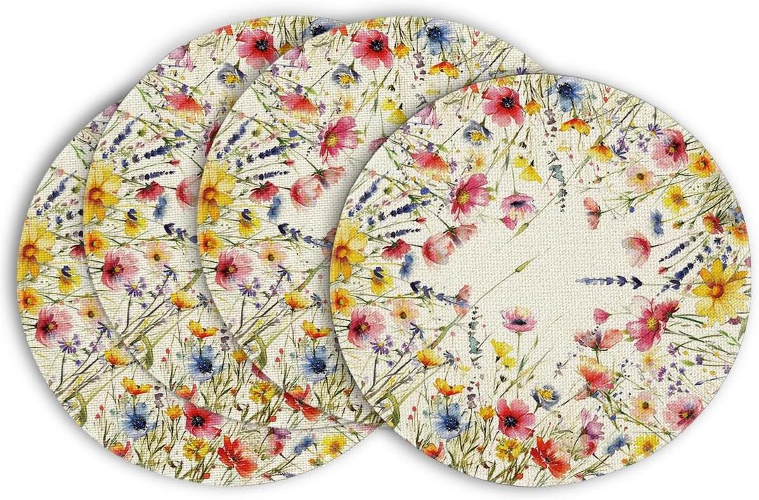 Artoid Mode Daisy Lavender Floral Leaves Spring Round Placemats Set of 4,14 Inch Seasonal Spring Table Mats for Party Kitchen Dining Decoration (Beige)