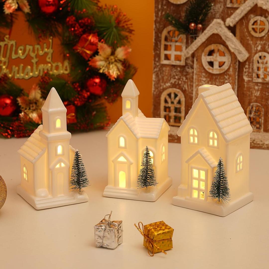 3 Pcs Light Up Christmas Houses, White Ceramic House Christmas Decor with 3 Pcs Xmas Tree, Porcelain Ceramic Xmas Village Sets with Timer, Christmas Town Village Set Xmas Figurines Home Decor