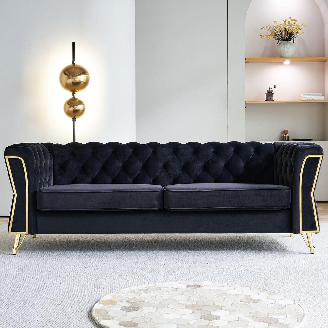 KEIKI 87" Chesterfield Velvet Button Tufted Sofa with High Density Foam Cushions, Modern 3-Seater Couch with Gold Strip Trim Decoration, Easy Assembly, for Apartment, Living Room, Office, Black (87"+Flared Arms)