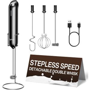 InstaWhisk Milk Frother with Variable Speed, Rechargeable Coffee Frother Wand with Detachable Double Whisk, Drink Mixer Handheld Electric Stirrer for Latte, Cappuccino, Matcha, Almond Milk, Protein (Black)