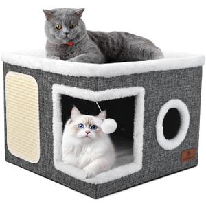 Cat Beds for Indoor Cats, Large Cat Cave Bed with Scratch Pad and Fluffy Ball, Foldable Cat Hideaway, Cat House with Reversible Cushion for Multi Small Pet Up to 30LBS, Grey (Single)