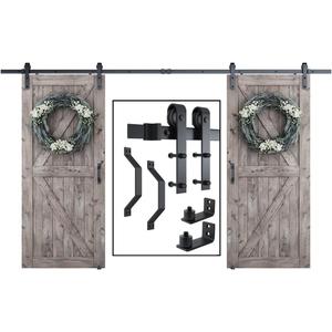 SMARTSTANDARD 12FT Double Sliding Barn Door Hardware Whole Kit (Include 12ft Double Track Kit & Pull Handle Set & Floor Guide), Smoothly and Quietly, Easy to Install, Fit 36" Wide Door Panel (J Shape)