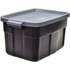 Rubbermaid Roughneck Tote 31 Gal, 3 Pack, Made in USA, Black & Gray, Rugged Plastic Stackable Storage Bins with Lids and Handles