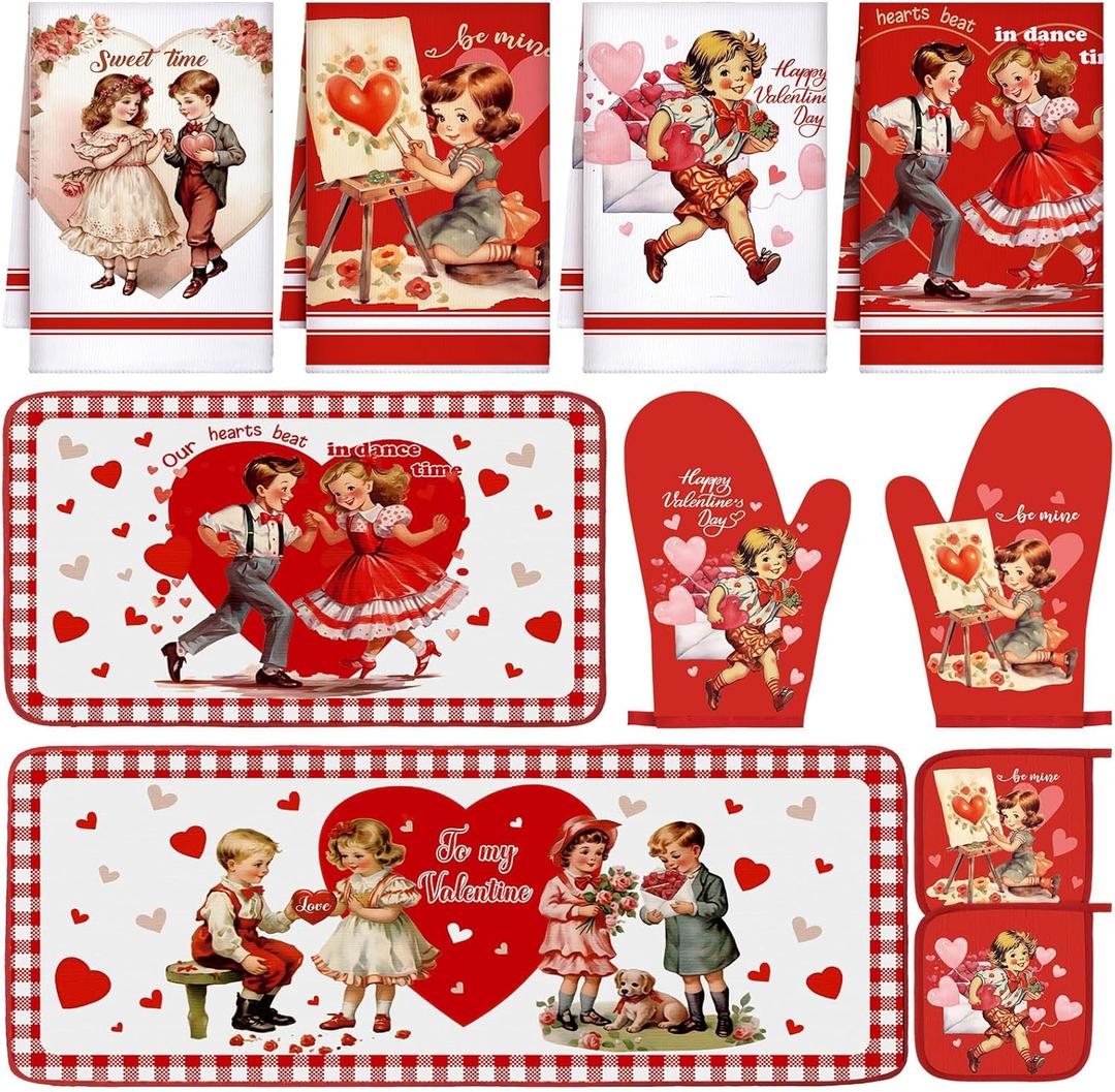 VitalCozy Set of 10 Valentines Kitchen Decor Vintage Kitchen Towels and Rugs Oven Mitts and Pot Holders Absorbent Tea Hand Towels for Accessories Gift