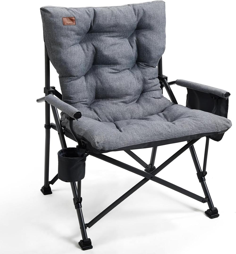EVER ADVANCED Padded Oversized Folding Camping Chair for Adults, Heavy Duty Lawn Chair with Side Pockets, Portable Collapsible Quad Chair for Outside, Support Up to 500lbs, Grey