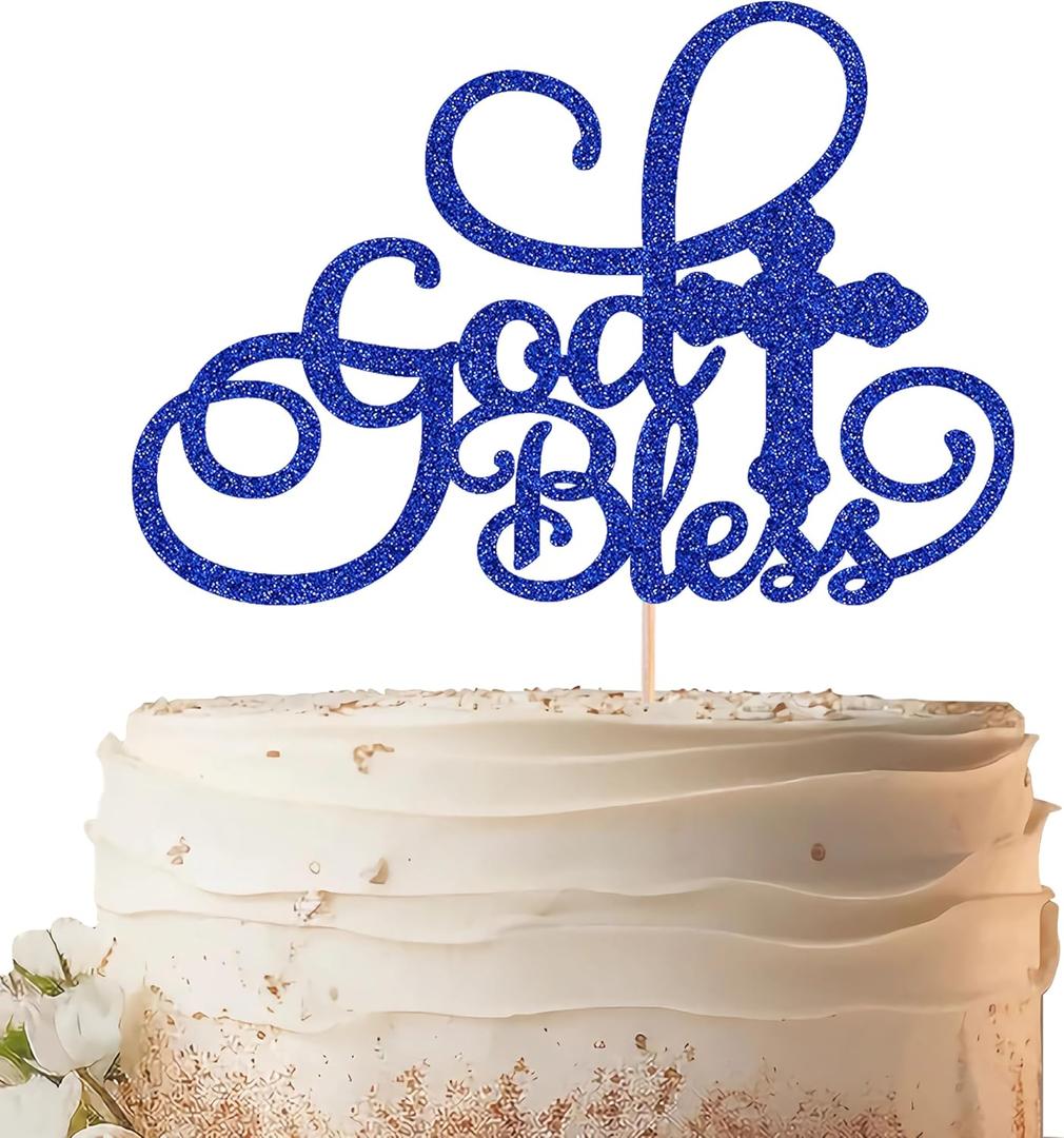 God Bless Cake Topper - Royal Blue Glitter Baptism Cake Decorating Supplies for Boys or Girls, Baptism Sign Divine Blessings Cake Decor for Baby Shower, First Confirmation Photo Booth Props