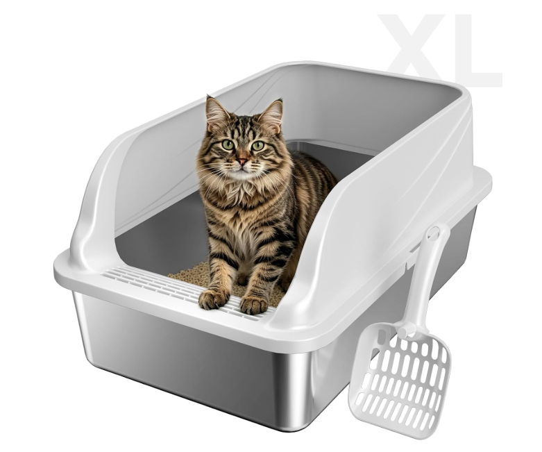 Stainless Steel XL Cat Litter Box, High‑Sides Anti‑Spill Metal Litter Pan | Prevents Urine Leakage Includes Scoop Durable & Sturdy Odor-Resistant