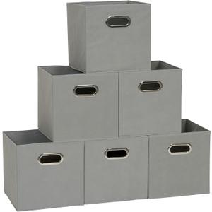 Household Essentials Foldable Fabric Storage Cubes 6-Pack  11x11x11 Stackable Non-Woven Bins with Chipboard Sides & Grommet Handles  Closet, Shelf, Nursery, or Office Organizer  Dove Gray