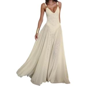 Women's Sexy Deep V-Neck Retro Sleeveless Solid Color Mesh A-line Dress Lace Cocktail Party Wedding Dress (Medium, Yellow)