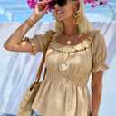 Womens Short Sleeve Babydoll Tops Square Neck Ruffle Peplum Blouse Smocked Loose Fit Tunic Top Dressy Tee Shirts (Beige)