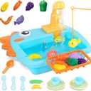 Kitchen Sink Toys with Running Water Kids Play Kitchen Accessories with Automatic Water Circulation Tableware Accessories Vegetable Fruit Fishing Games Gift for Girls and Boys